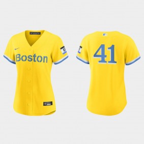 Women Boston Red Sox Chris Sale Gold Light Blue 2021 City Connect Replica Jersey