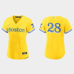 Women Boston Red Sox Corey Kluber Gold Light Blue City Connect Replica Jersey