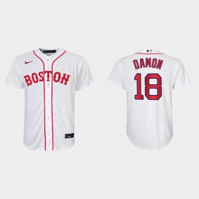 Youth Boston Red Sox #18 Johnny Damon White 2021 Patriots' Day Replica Jersey