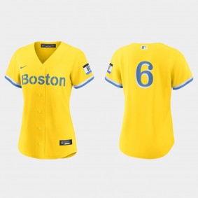 Women Boston Red Sox Johnny Pesky Gold Light Blue 2021 City Connect Replica Jersey